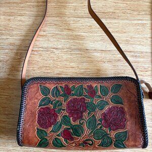 Genuine Leather Shoulder Bag Purse Floral Hand Tooled Painted Boho 11x7"